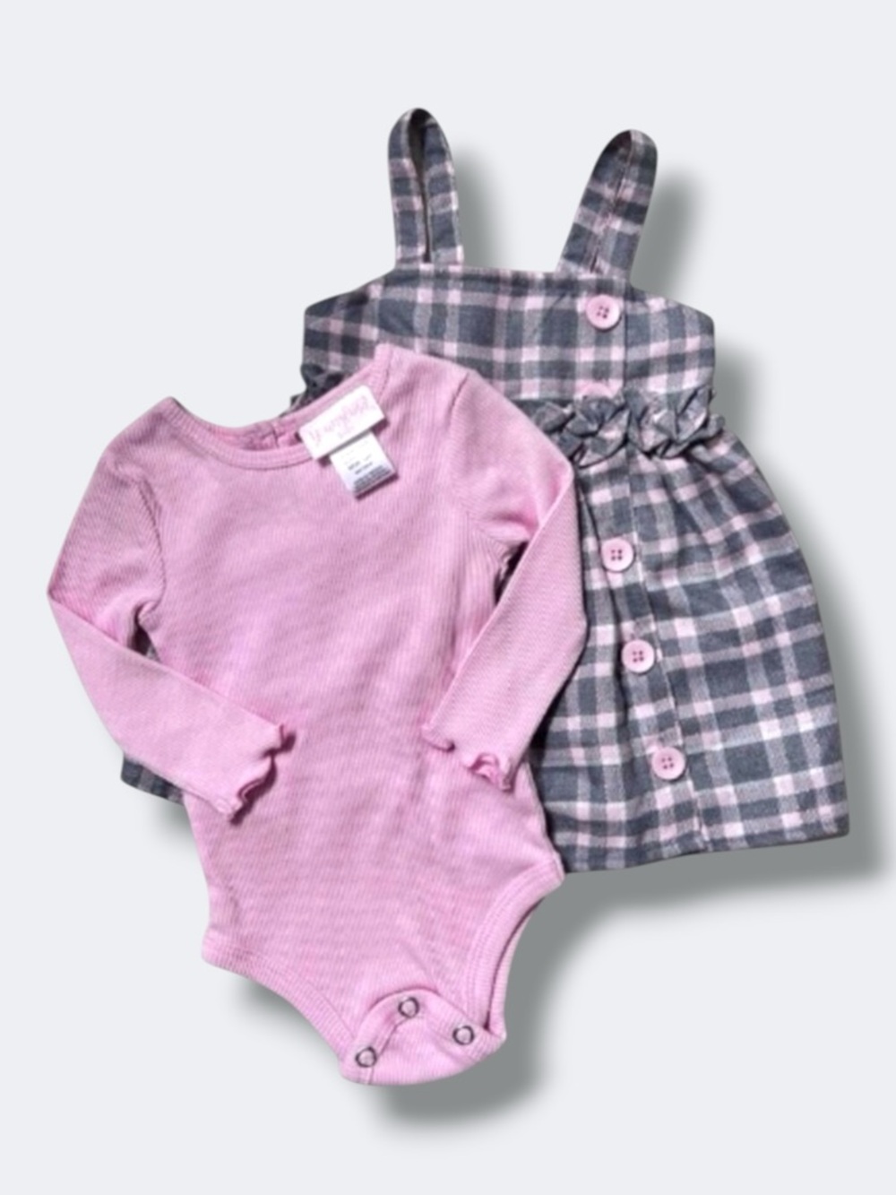 🦋3/$30 Youngland Dress Set Baby Girl 24M Pink Plaid Jumper Bodysuit Outfit